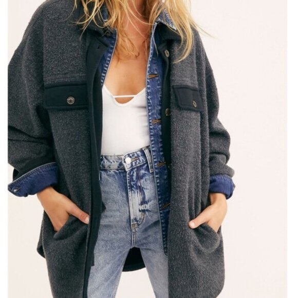 Free People Ruby Jacket Shacket Large Washed Black Oversized Slouchy Baggy - Picture 1 of 14